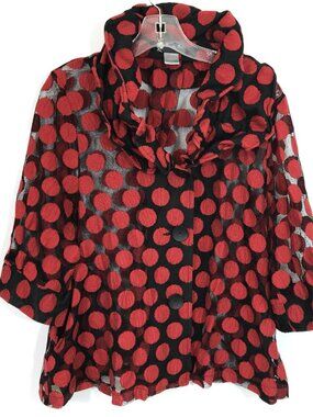 Damee Polka Dot Jacket Sheer Ruffle Collar Black Red Women L